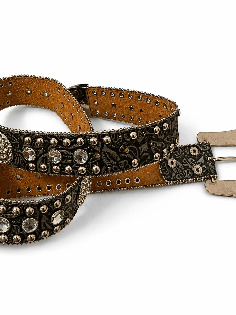 Embellished Floral Leather Belt With Silver Buckle